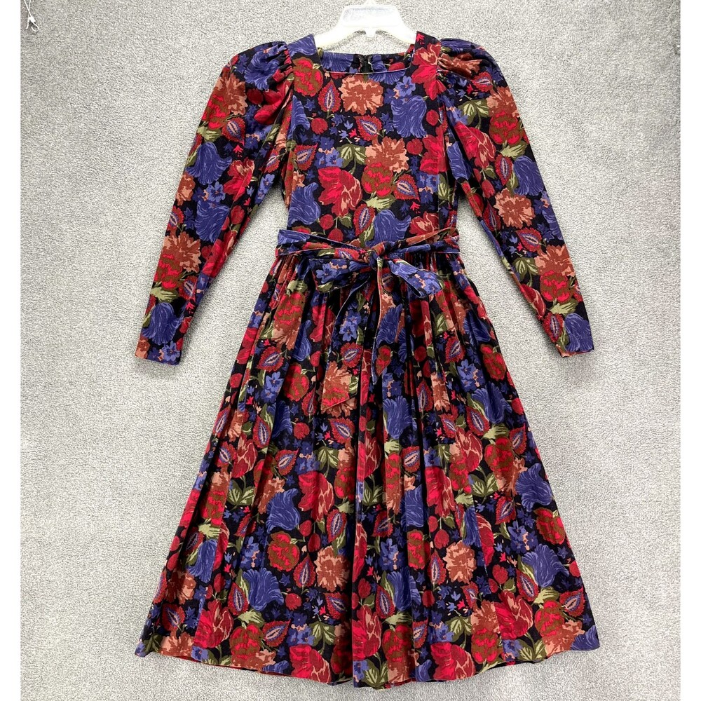 VTG Laura Ashley‎ Dress Womens 6 Blue Red Floral Rose Corduroy Cottagecore